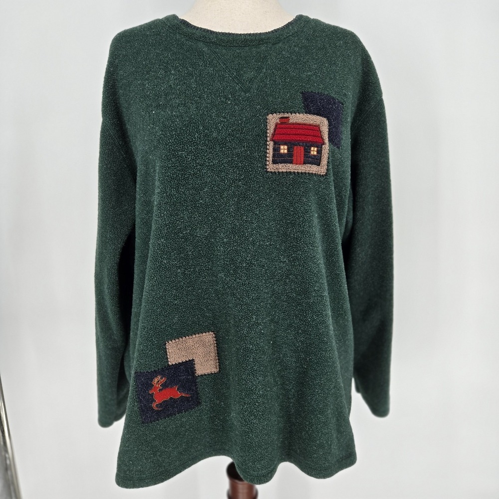 Holiday Lodge Christmas Lodge Fleece Womens Sweater XL Cabin Deer Vintage 90s XL